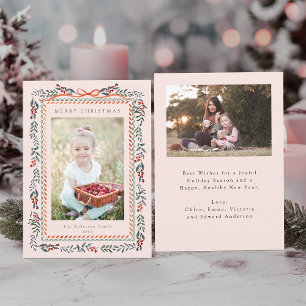 Red Winterberry Frame Christmas 2 Photo Blush Pink Holiday Card