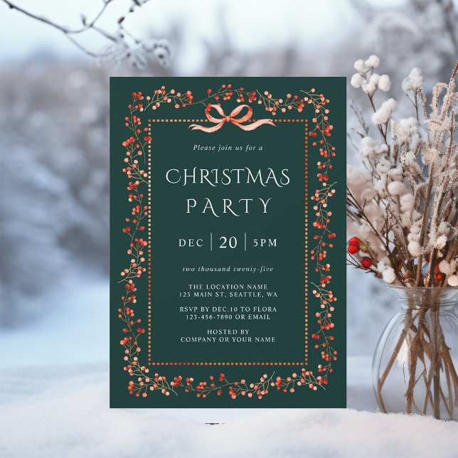 Red Winterberry Frame Christmas Party Green Invitation (Creator Uploaded)