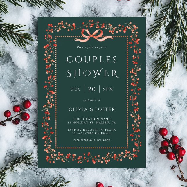 Red Winterberry Frame Couples Shower Green Invitation (Creator Uploaded)