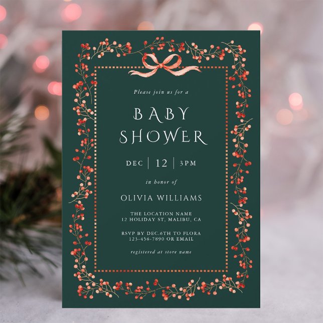 Red Winterberry Frame Forest Green Baby Shower Invitation (Creator Uploaded)