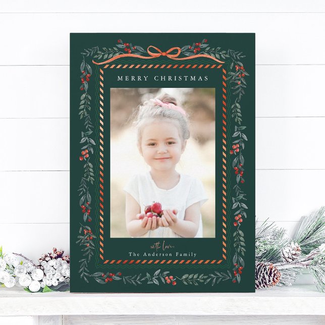Red Winterberry Frame Green Christmas Photo Holiday Card (Creator Uploaded)