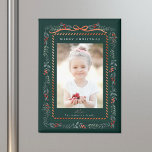 Red Winterberry Frame Green Christmas Photo Magnet<br><div class="desc">This elegant photo holiday magnet features a watercolor red winterberry frame with a charming ribbon bow and clean typography. For more advanced customisation of this design,  please click the BLUE DESIGN TOOL BUTTON above!</div>