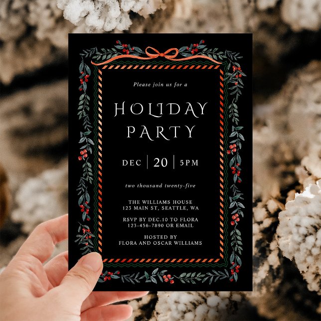 Red Winterberry Frame Holiday Party Black Invitation (Creator Uploaded)