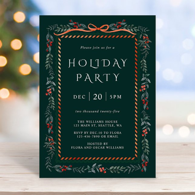 Red Winterberry Frame Holiday Party Green Invitation (Creator Uploaded)