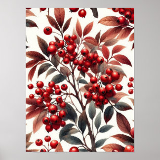 Red Winterberry Fruit Pattern Watercolor Poster
