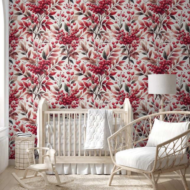 Red Winterberry Fruit Pattern Watercolor Wallpaper (Kids)