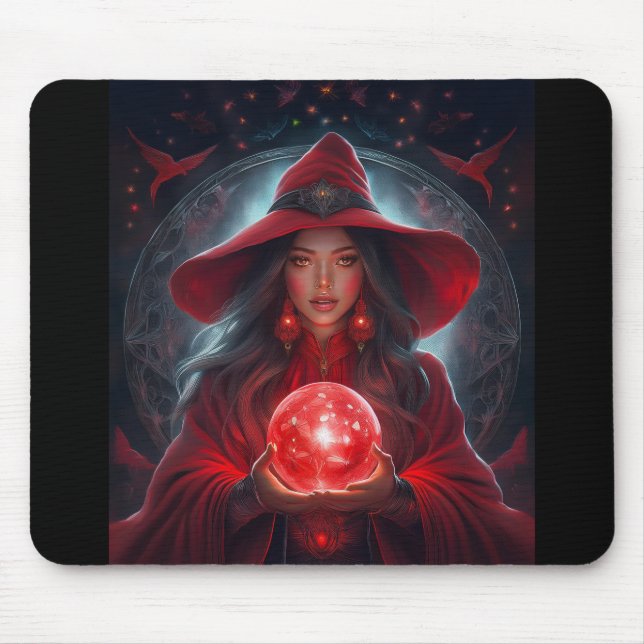 Red Witch With Crystal Ball And Amazing Background Mouse Pad (Front)