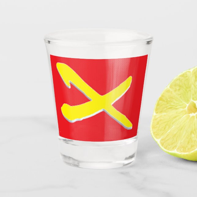 Red with a bright yellow cross pattern shot glass (Front)