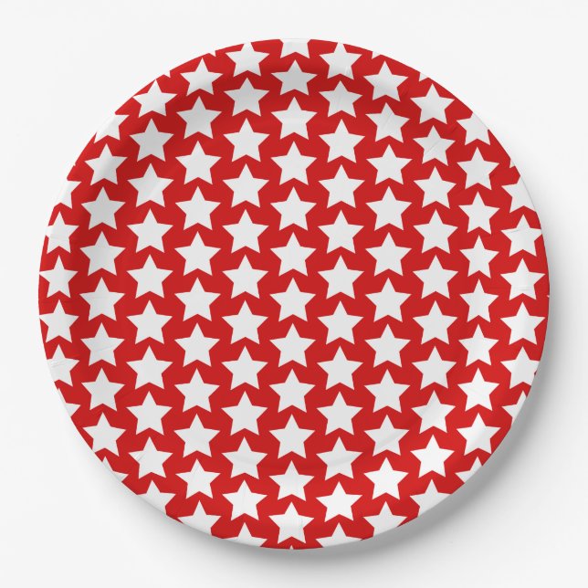 Red with a White Stars Pattern Paper Plate (Front)
