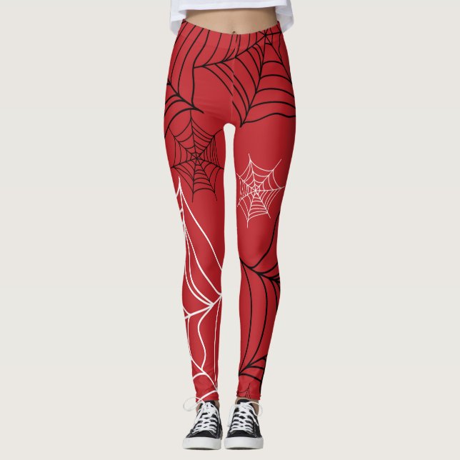 Red with Black & White Spiderwebs Halloween Leggings (Front)