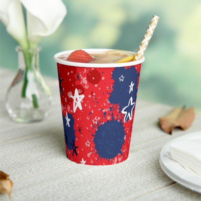 Red with Blue Splatters and Black and White Stars Paper Cups (Insitu)