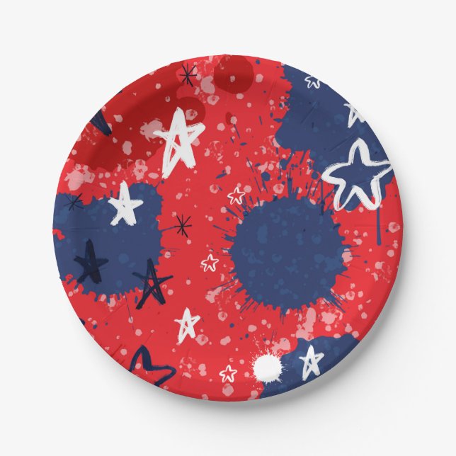 Red with Blue Splatters and Black and White Stars Paper Plate (Front)