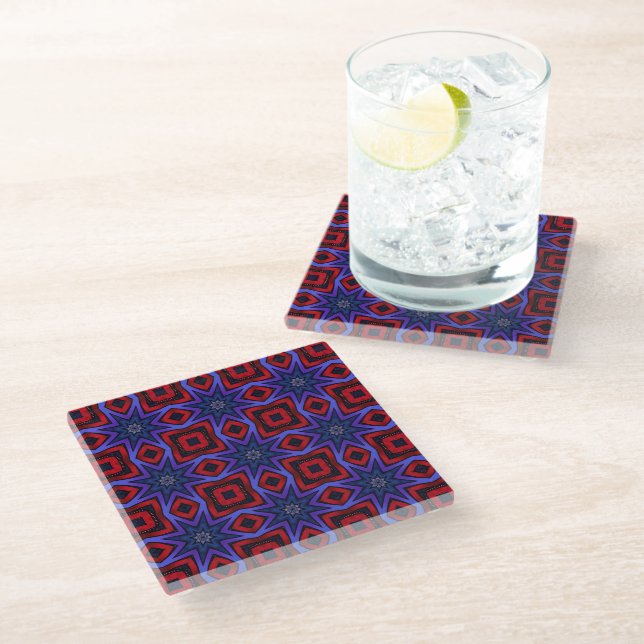 Red With Blue Stars Glass Coaster (Angled)