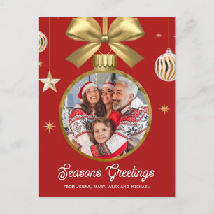 Red with Gold Bauble Family Photo Holiday Postcard