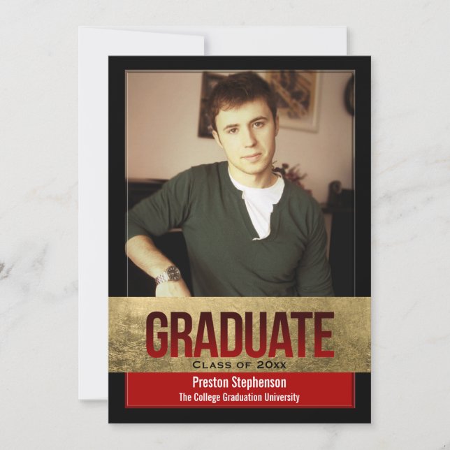 Red with Gold Foil Block Effect Photo Graduation Invitation (Front)