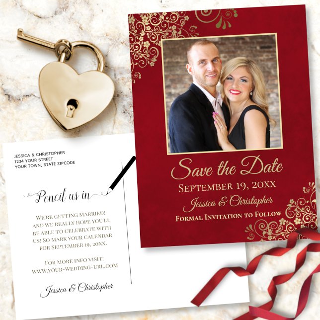 Red with Gold Frills Photo Save the Date Wedding Announcement Postcard (Creator Uploaded)