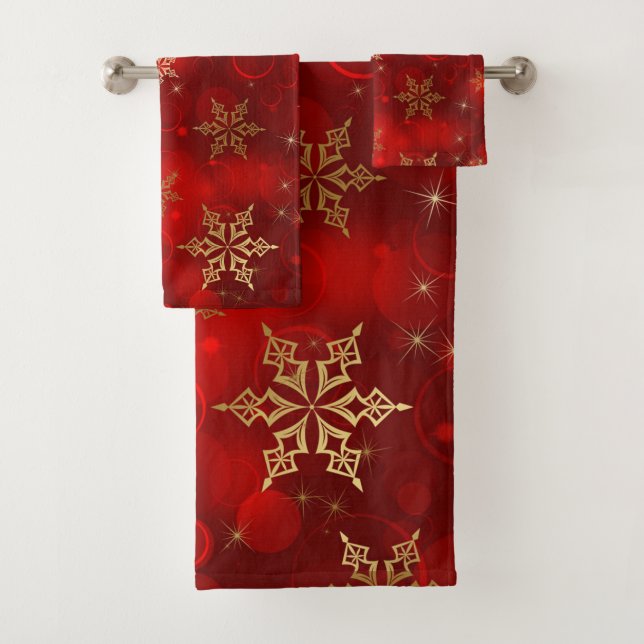 Red with Gold Snowflakes Bath Towel Set (Insitu)
