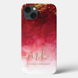 Red with Gold Splash Personalised Monogram iPhone 13 Case