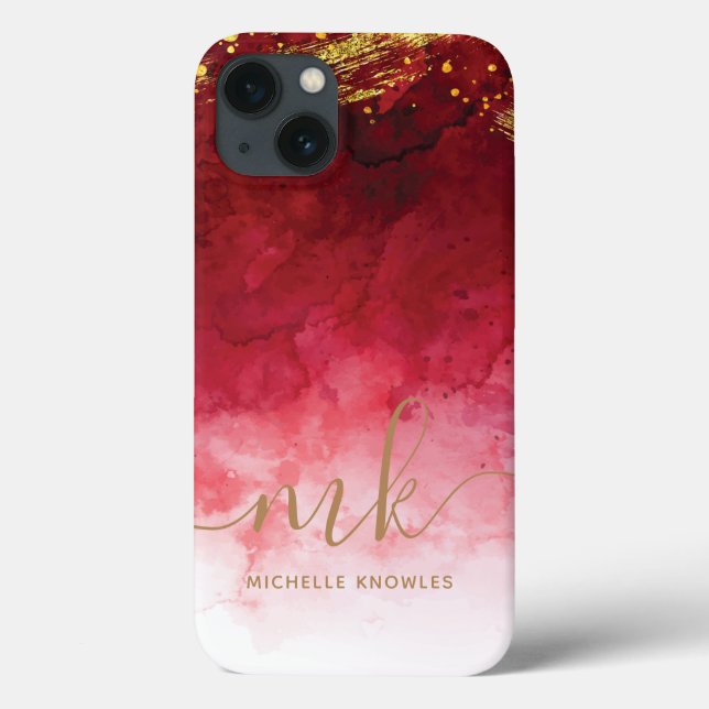 Red with Gold Splash Personalised Monogram Case-Mate iPhone Case (Back)