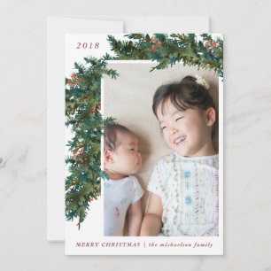 Red with Green Garland with Burlap Photo Holiday Card