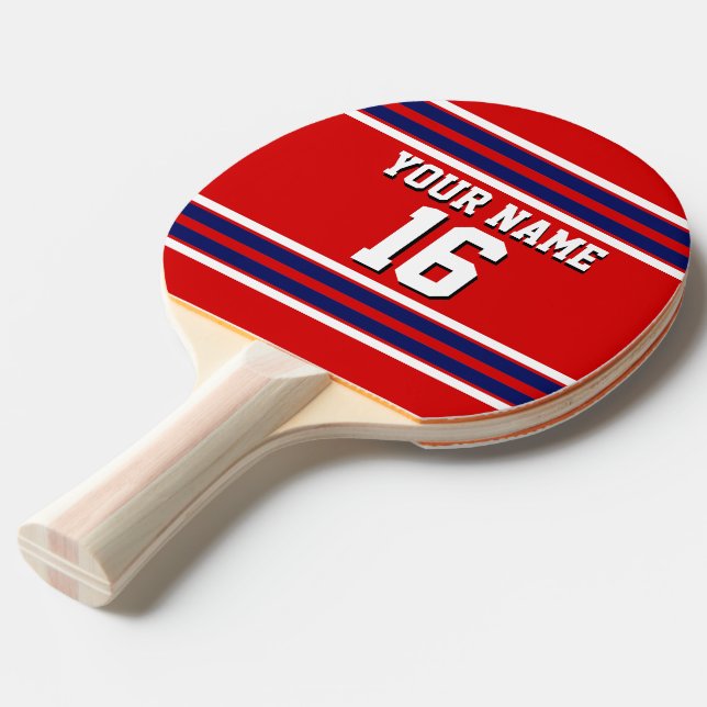 Red with Navy White Stripes Team Jersey Ping Pong Paddle (Front Angle)