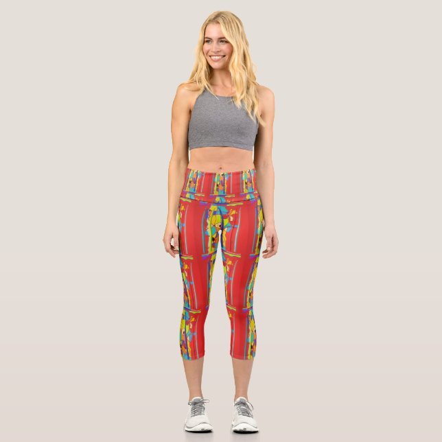 Red with patterns art style capri leggings (Front)