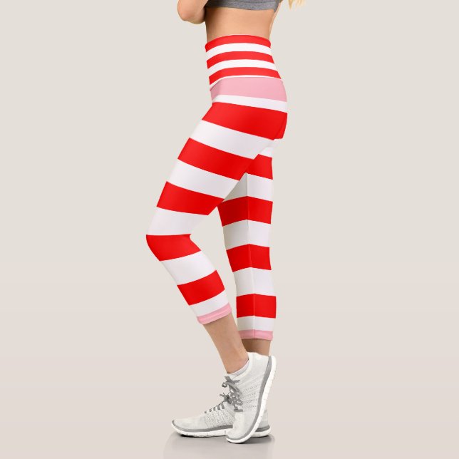Red with Pink Stripe Style Capri Leggings (Left)
