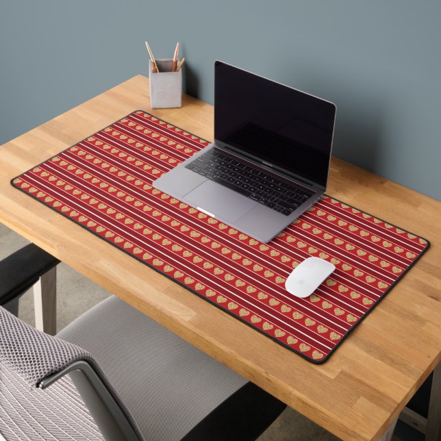 RED WITH ROWS OF GOLD VALENTINE HEARTS DESK MAT (Office 2)