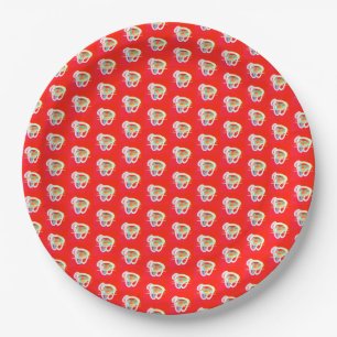 Red with small art designs on it paper plate