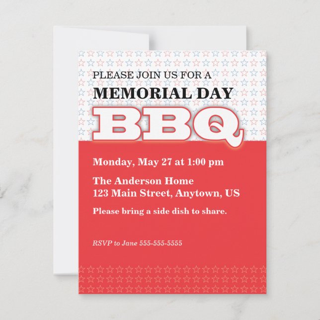 Red with Stars Memorial Day BBQ Invitation (Front)