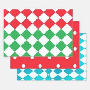 Red with White Polka Dots, Aqua Chequerboard Wrapping Paper Sheet