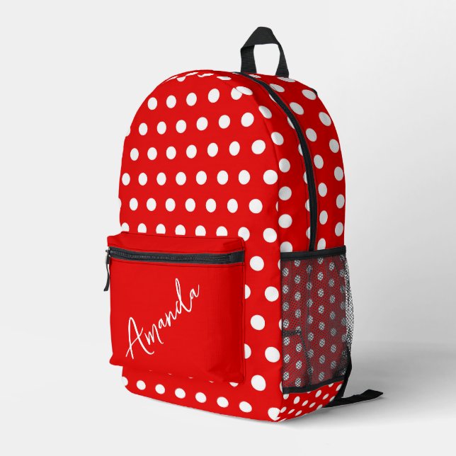 Red with White Polka Dots Personalised  Printed Backpack (Back Corner Right)