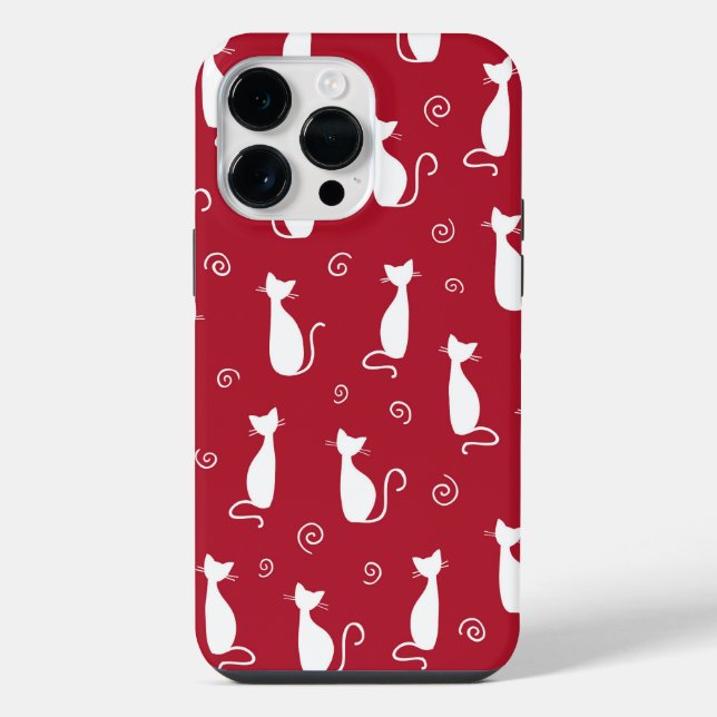 RED WITH WHITE SITTING CAT PATTERN iPhone CASE (Back)