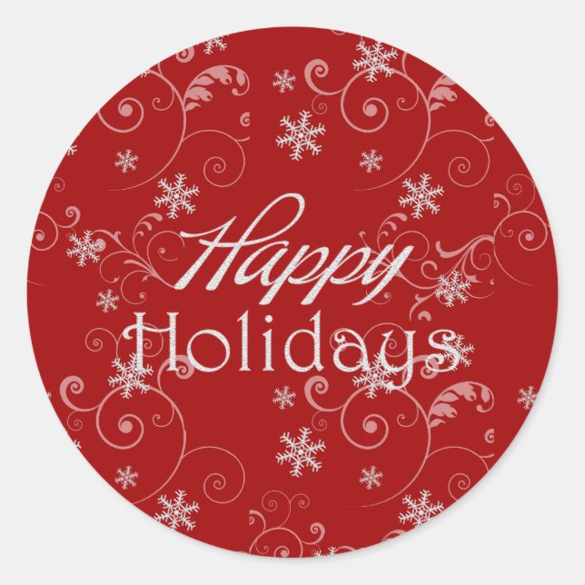 Red with White Snowflakes Happy Holidays Classic Round Sticker (Front)