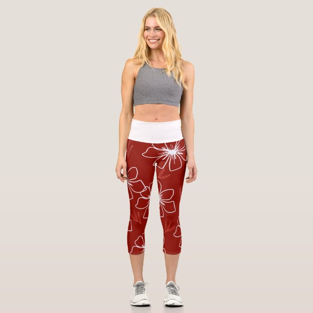 Red with White Transparent Flower Capri Leggings (Front)