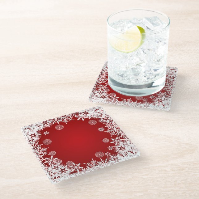 RED WITH WREATH OF WHITE WINTER SNOWFLAKES GLASS COASTER (Angled)