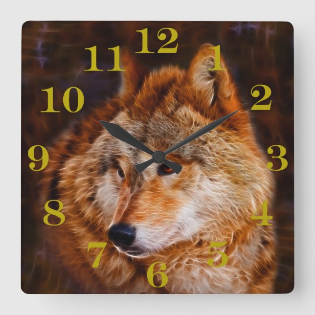 Red wolf fractal square wall clock (Front)