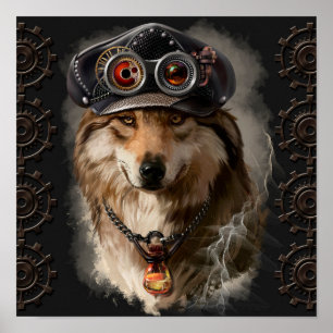 Red wolf in a steampunk cap poster