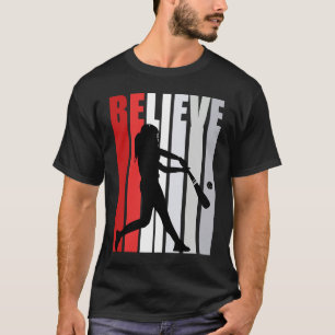 Red Womens Believe Baseball Motivational Softball  T-Shirt