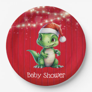 Red Wood Christmas Dinosaur Lights Baby Shower Paper Plate