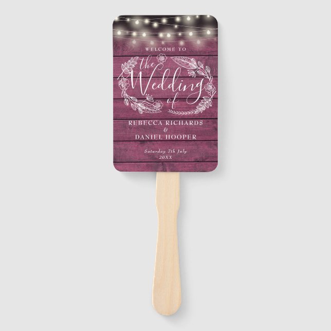 Red Wood Floral String Lights Wedding Progam Hand Fan (Front)
