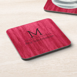 Red Wood Grain Texture Monogram Coaster