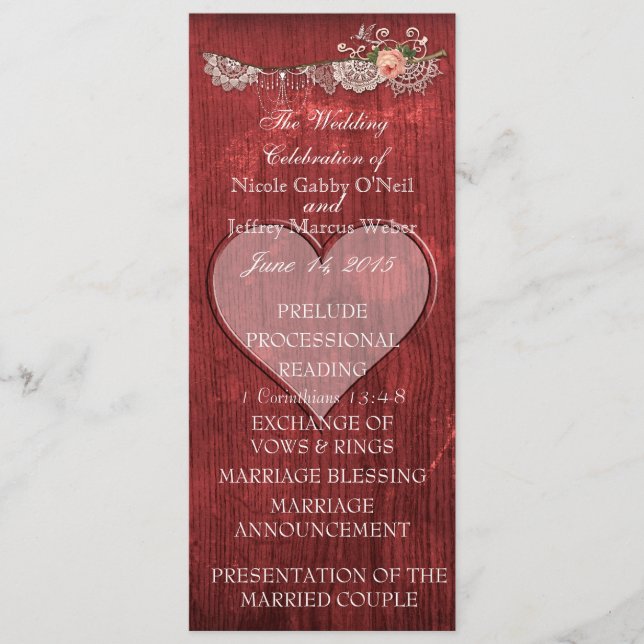 Red Wood Heart Rustic Wedding Program Programme (Front)