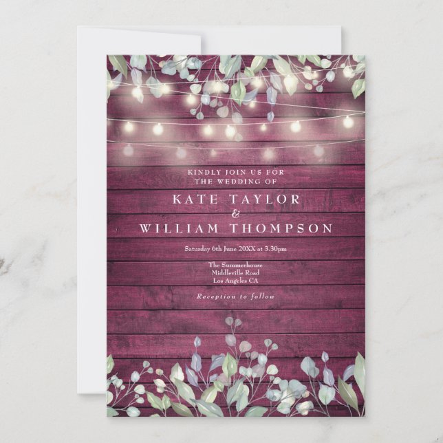Red Wood String Lights Greenery Floral Wedding Invitation (Front)