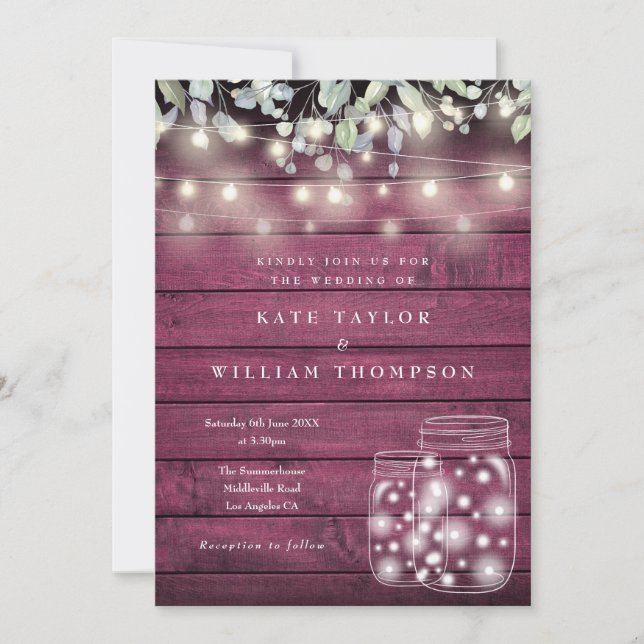 Red Wood String Lights Mason Jar Wedding Invitation (Front)