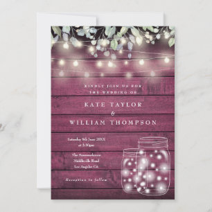 Red Wood String Lights Mason Jar Wedding Invitation