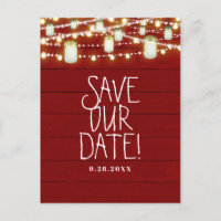 Red Wood & String Lights Rustic Save The Date