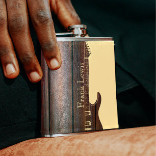 Red Wood & Tan Brown Colour Block Name Guitar Hip Flask