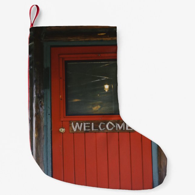 RED WOODEN CLOSED DOOR SMALL CHRISTMAS STOCKING (Front)