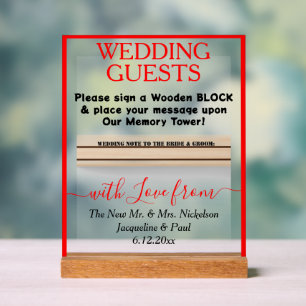 Red Wooden Guest Book Block Names  Clear Acrylic Sign